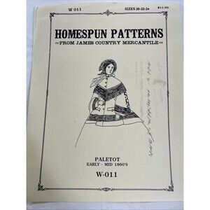 Homespun W-011 Paletot Pattern Civil War 1860s Womens 20-24 Cut Complete